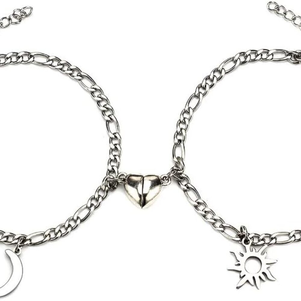 2pcs Matching Couple Bracelets Set Cuban Chain Bracelet Heart Bracelet Pinky Pro
